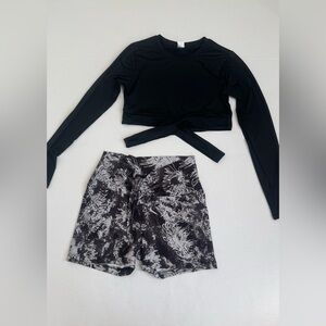 Black Long Sleeve Crop Top and Patterned Shorts Set